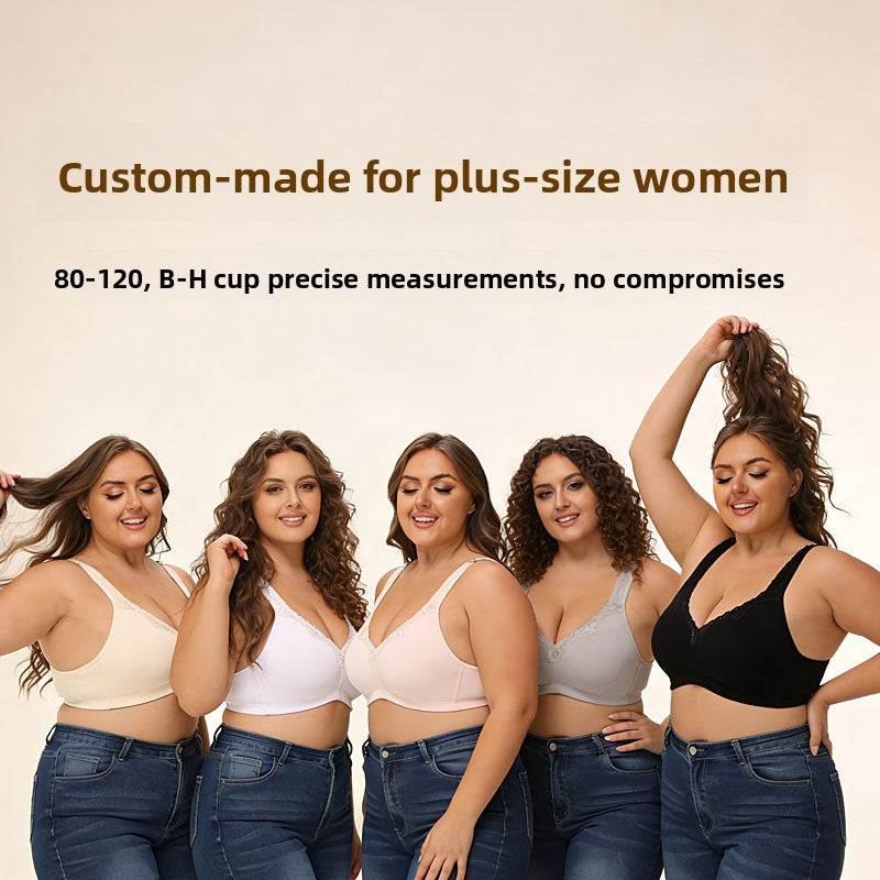 Breathable Full-Cup Lace Trim Plus-Size Bra for Large Busts
