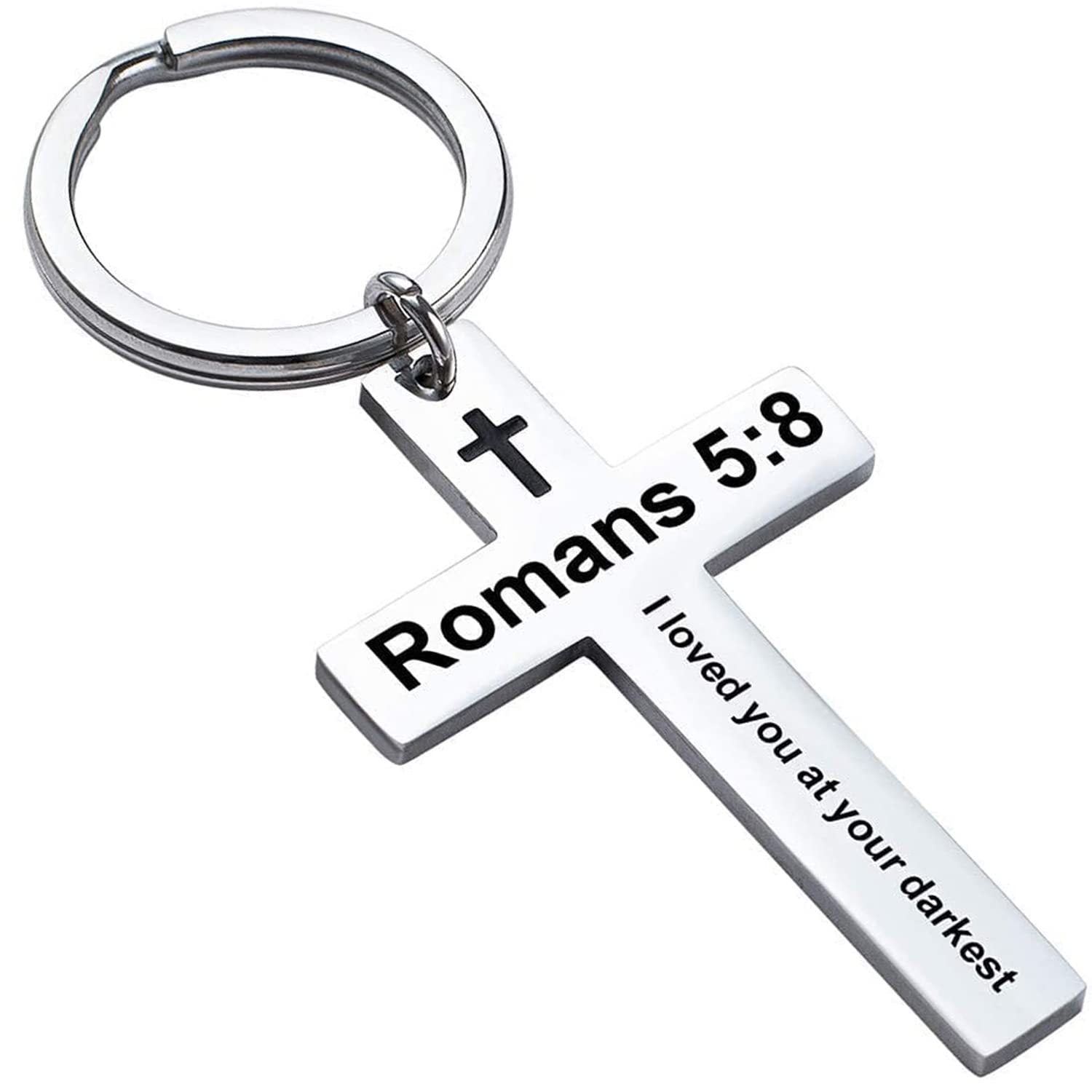 Laser Engraved Stainless Steel Cross Keychain with Biblical Quotes