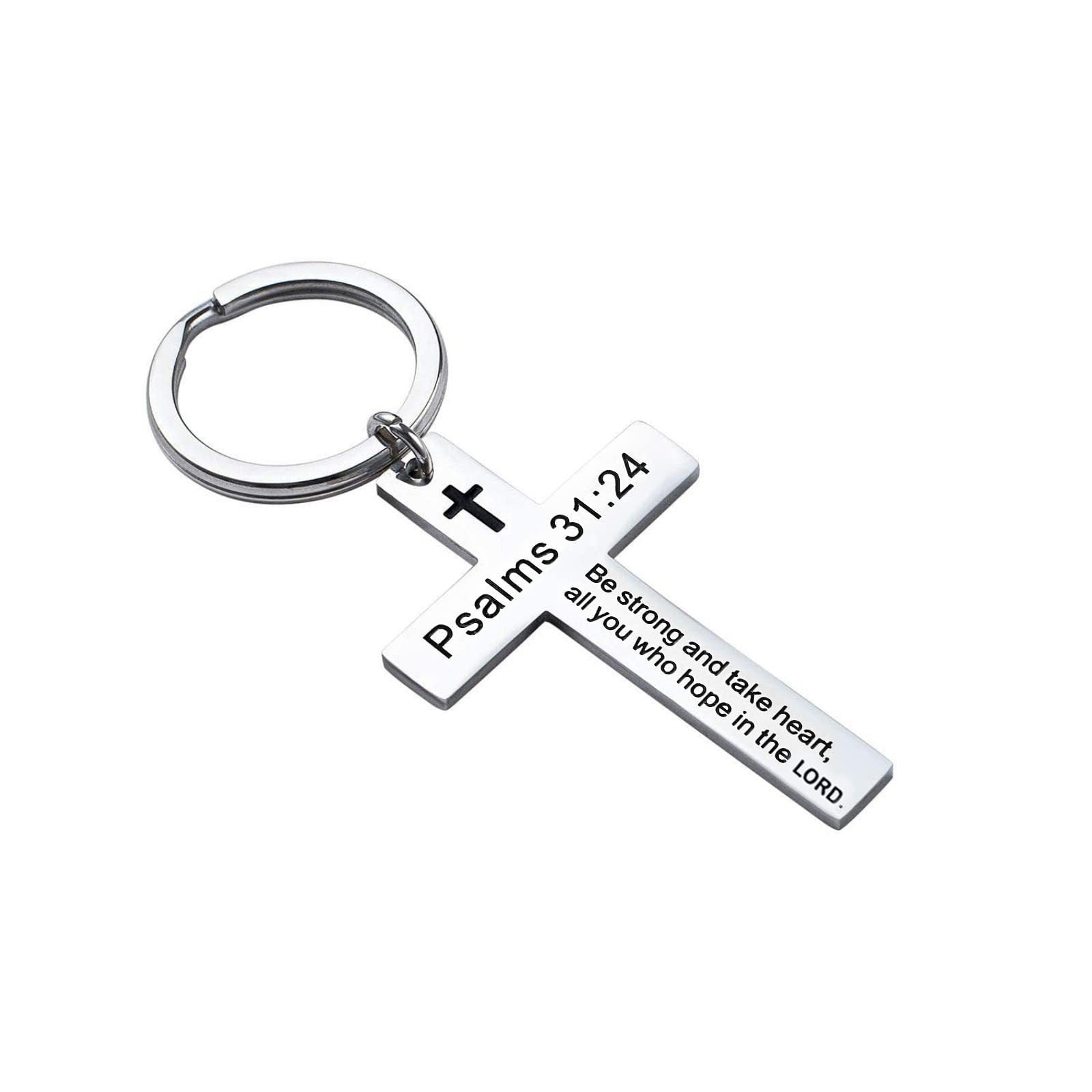 Laser Engraved Stainless Steel Cross Keychain with Biblical Quotes