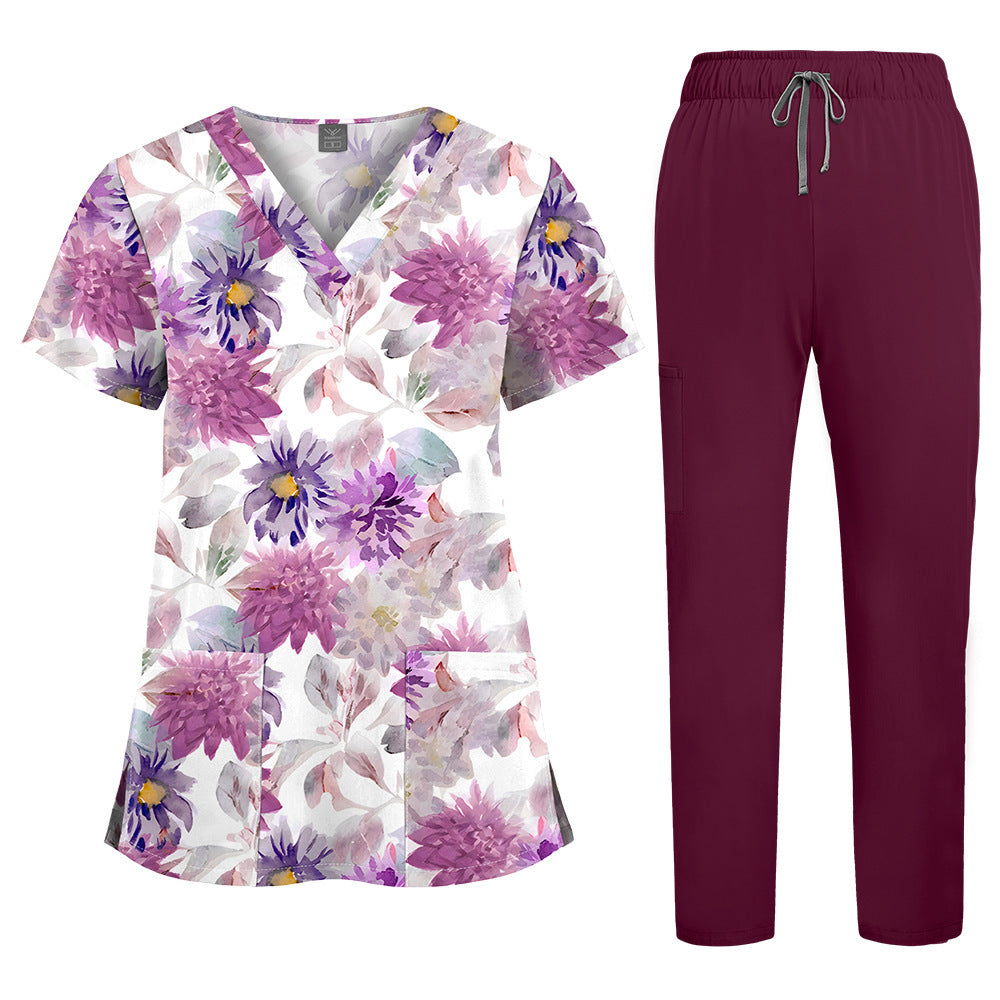 Printed V-Neck Short Sleeve Nurse Uniform Set