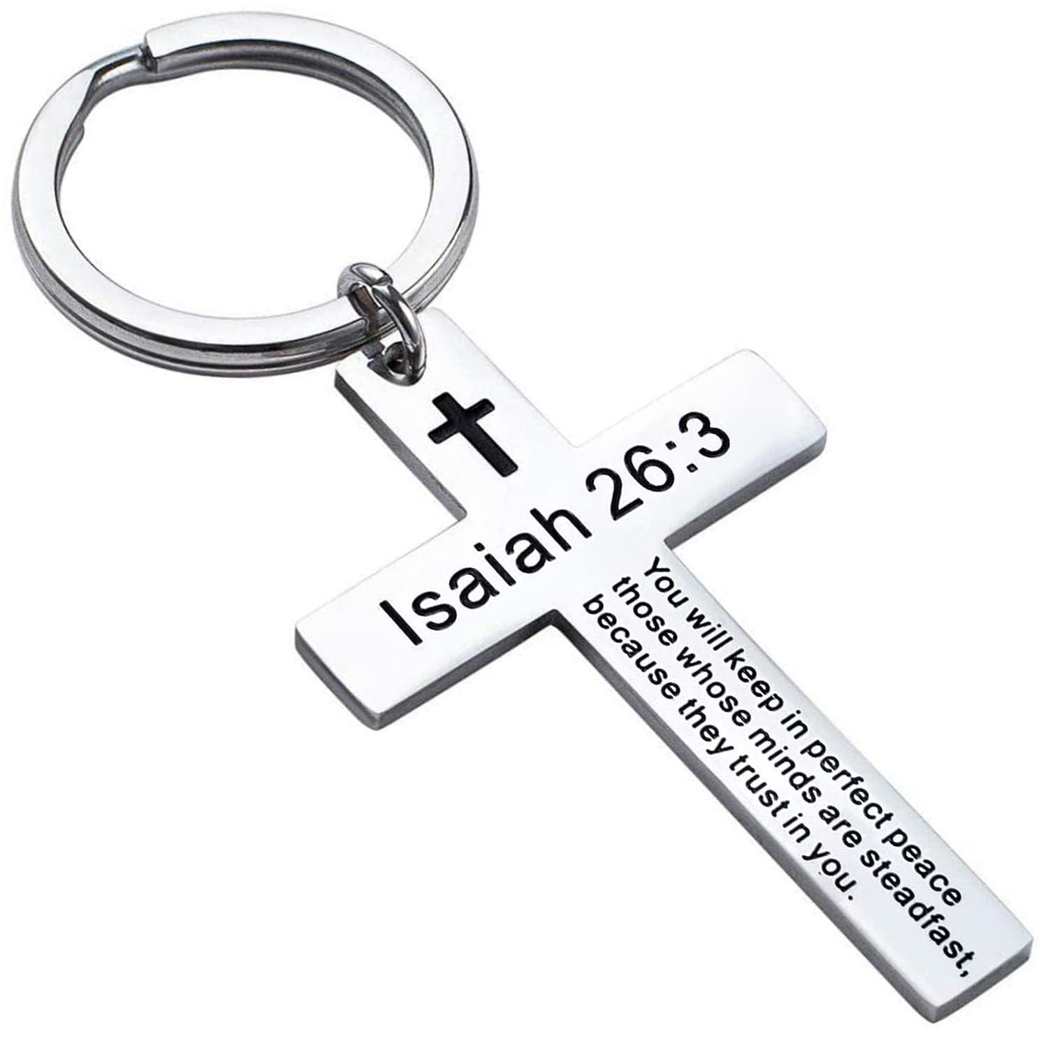 Laser Engraved Stainless Steel Cross Keychain with Biblical Quotes