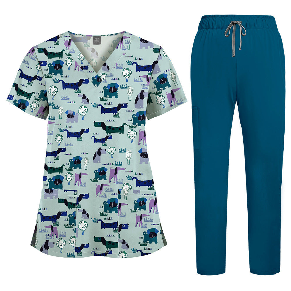 Printed V-Neck Short Sleeve Nurse Uniform Set