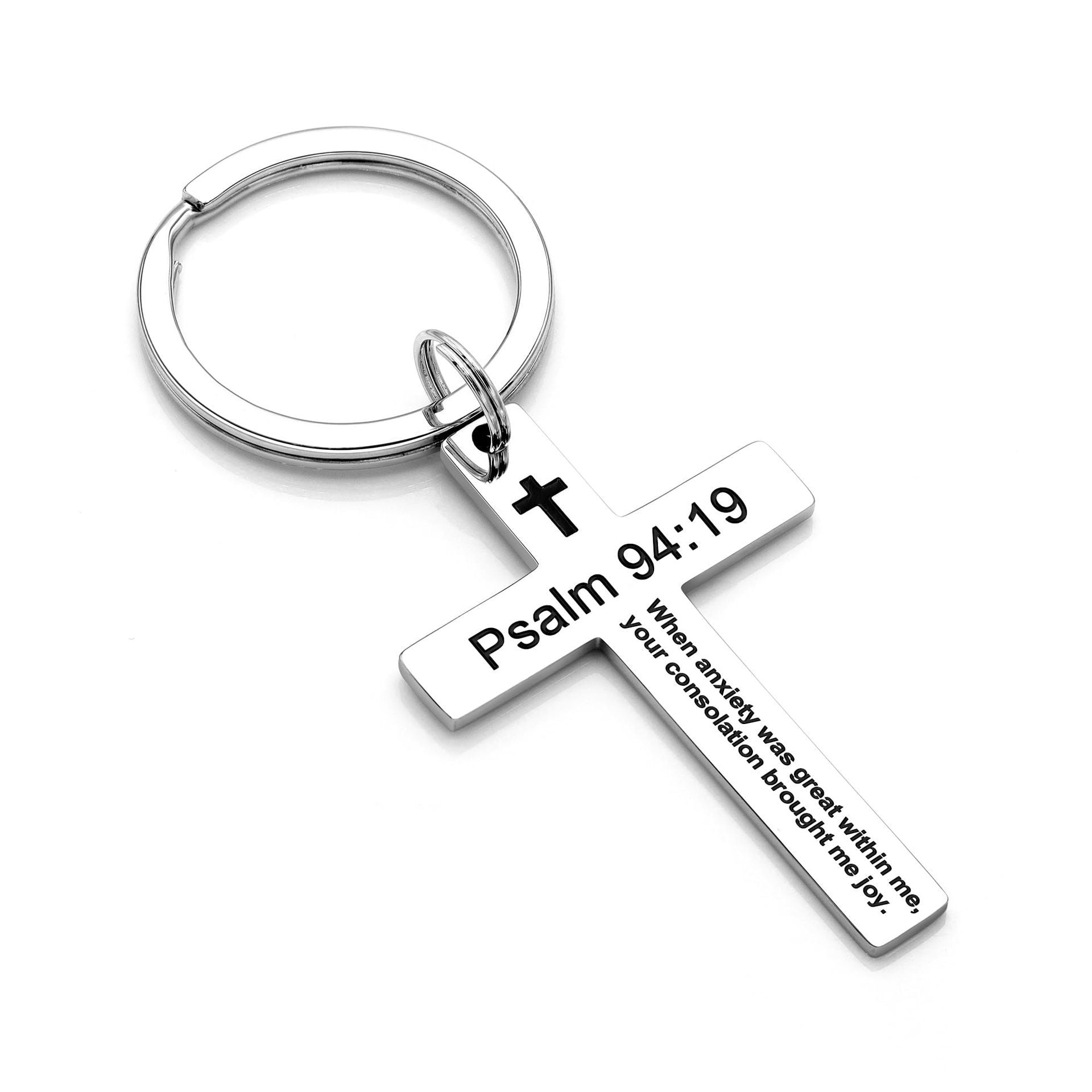 Laser Engraved Stainless Steel Cross Keychain with Biblical Quotes
