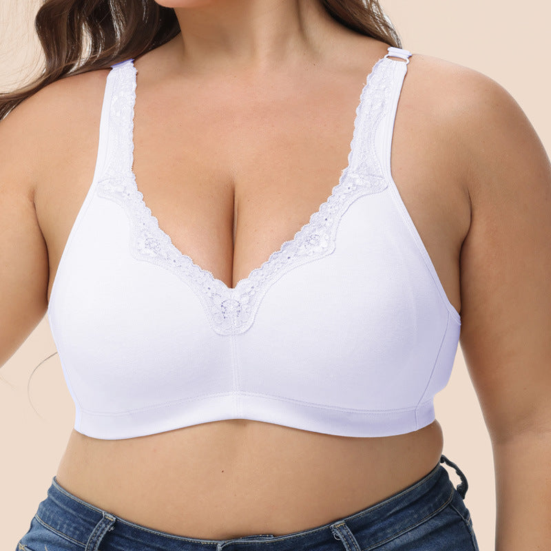 Breathable Full-Cup Lace Trim Plus-Size Bra for Large Busts