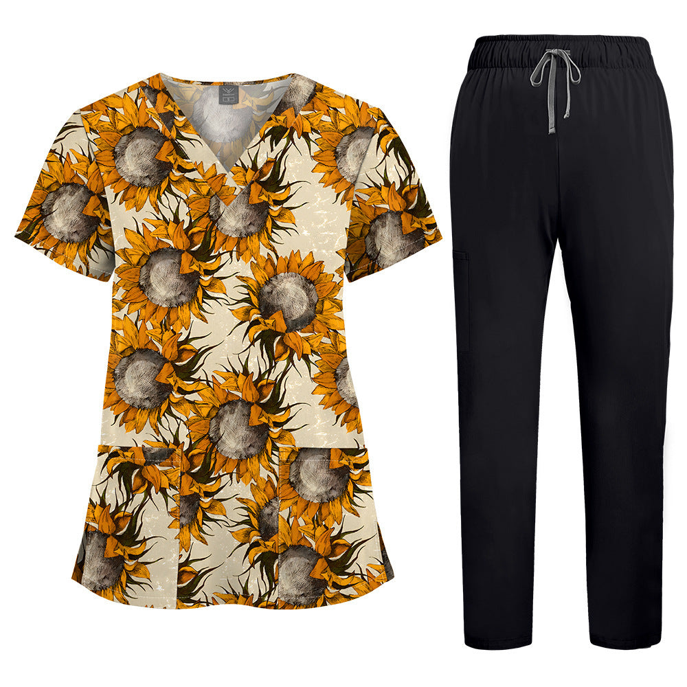 Printed V-Neck Short Sleeve Nurse Uniform Set