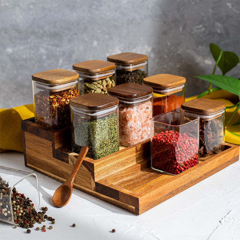 Square Glass Spice Jar with Wooden Lid