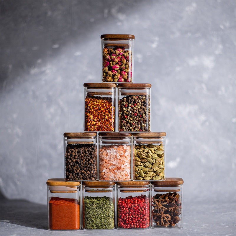 Square Glass Spice Jar with Wooden Lid