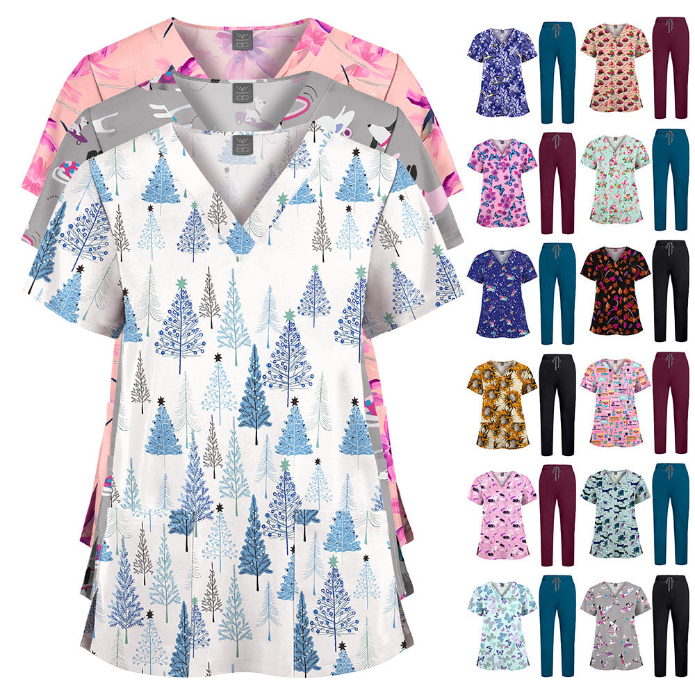 Printed V-Neck Short Sleeve Nurse Uniform Set