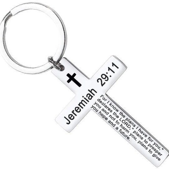 Laser Engraved Stainless Steel Cross Keychain with Biblical Quotes