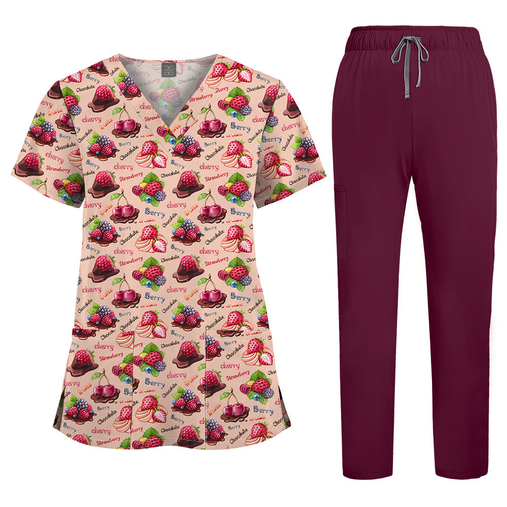Printed V-Neck Short Sleeve Nurse Uniform Set