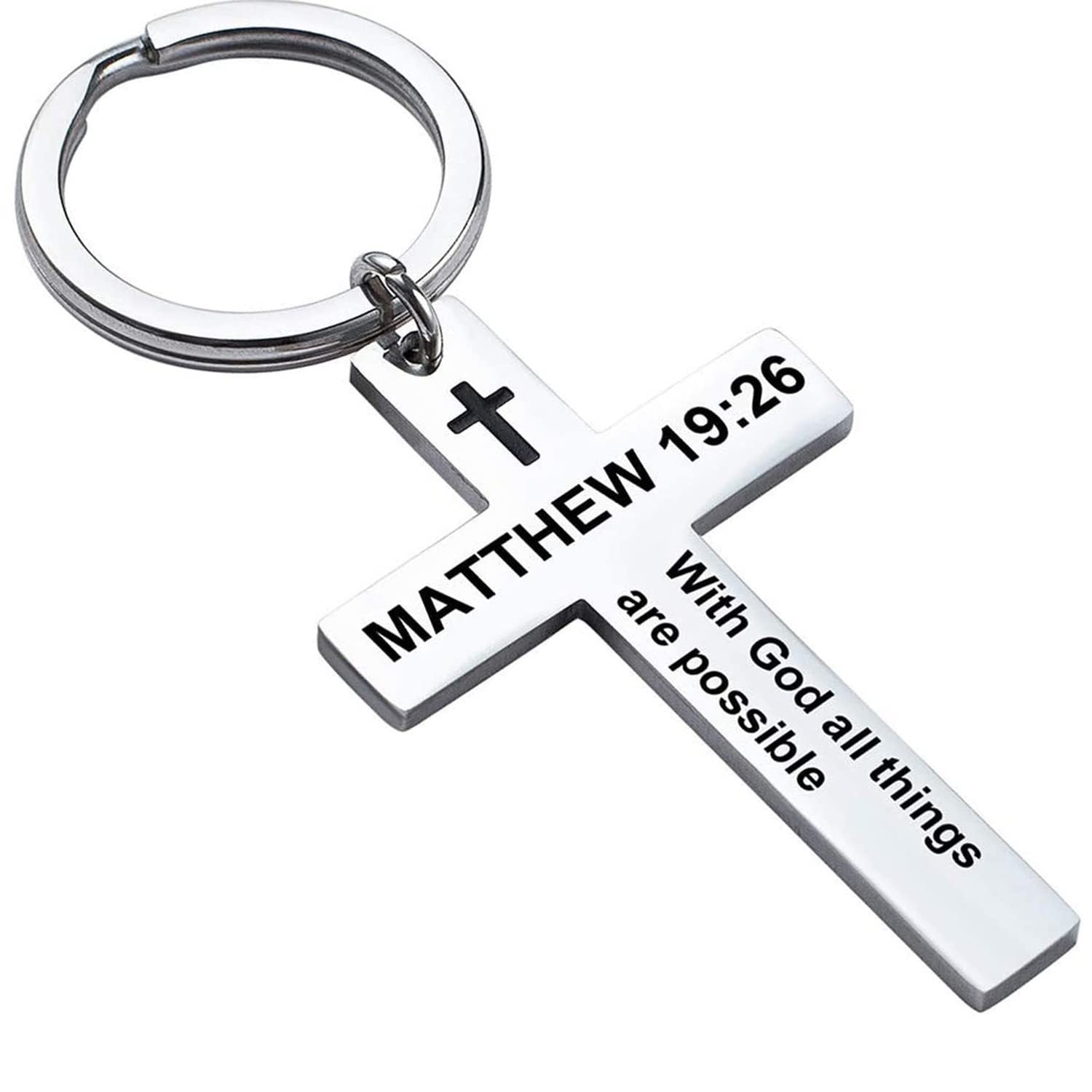 Laser Engraved Stainless Steel Cross Keychain with Biblical Quotes