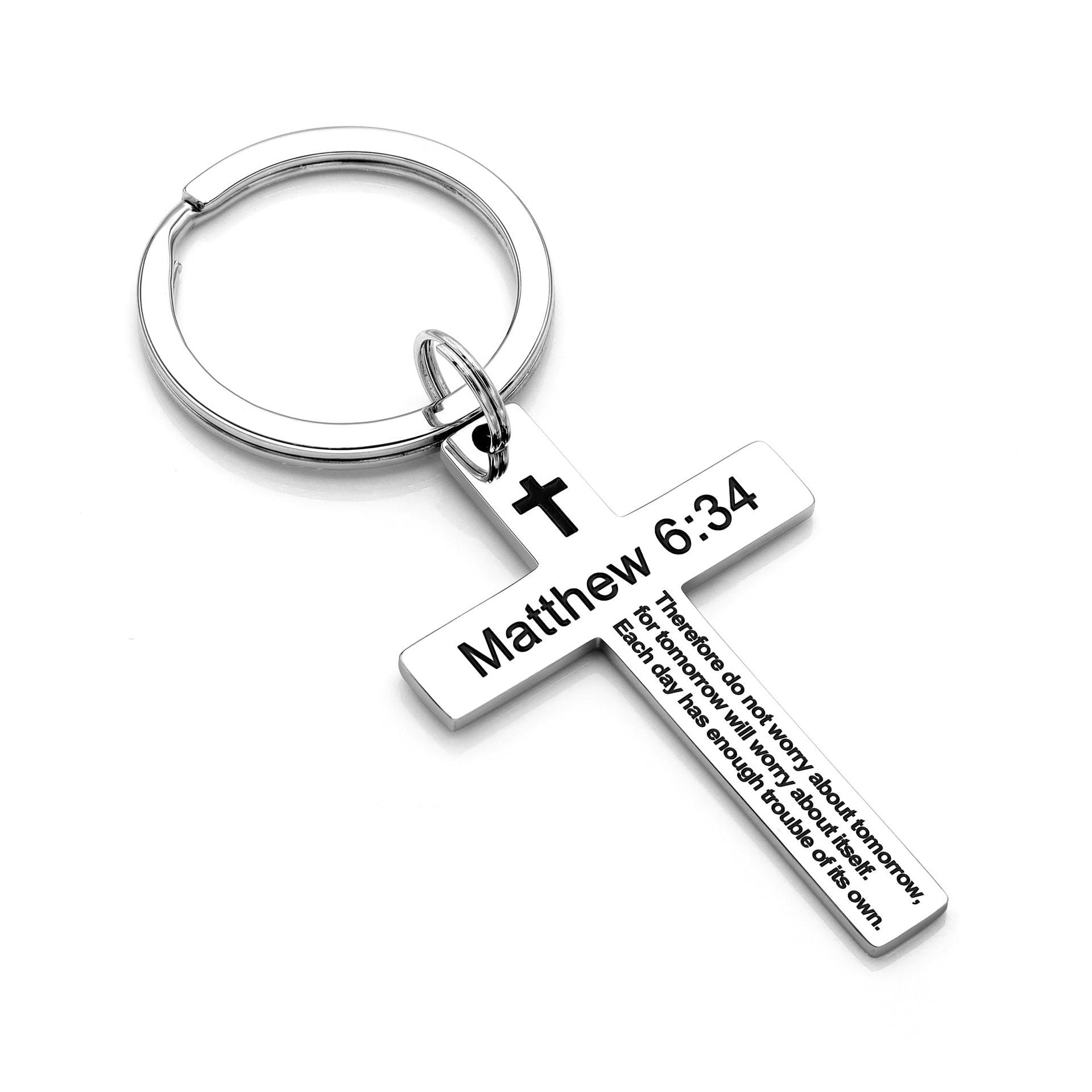 Laser Engraved Stainless Steel Cross Keychain with Biblical Quotes