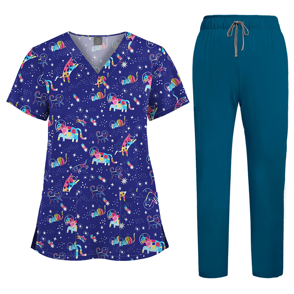 Printed V-Neck Short Sleeve Nurse Uniform Set