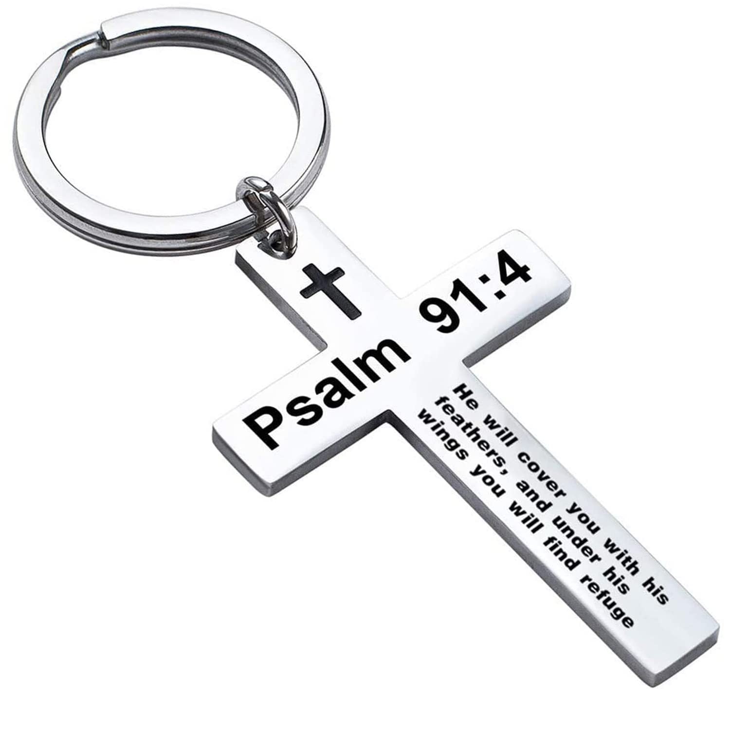 Laser Engraved Stainless Steel Cross Keychain with Biblical Quotes