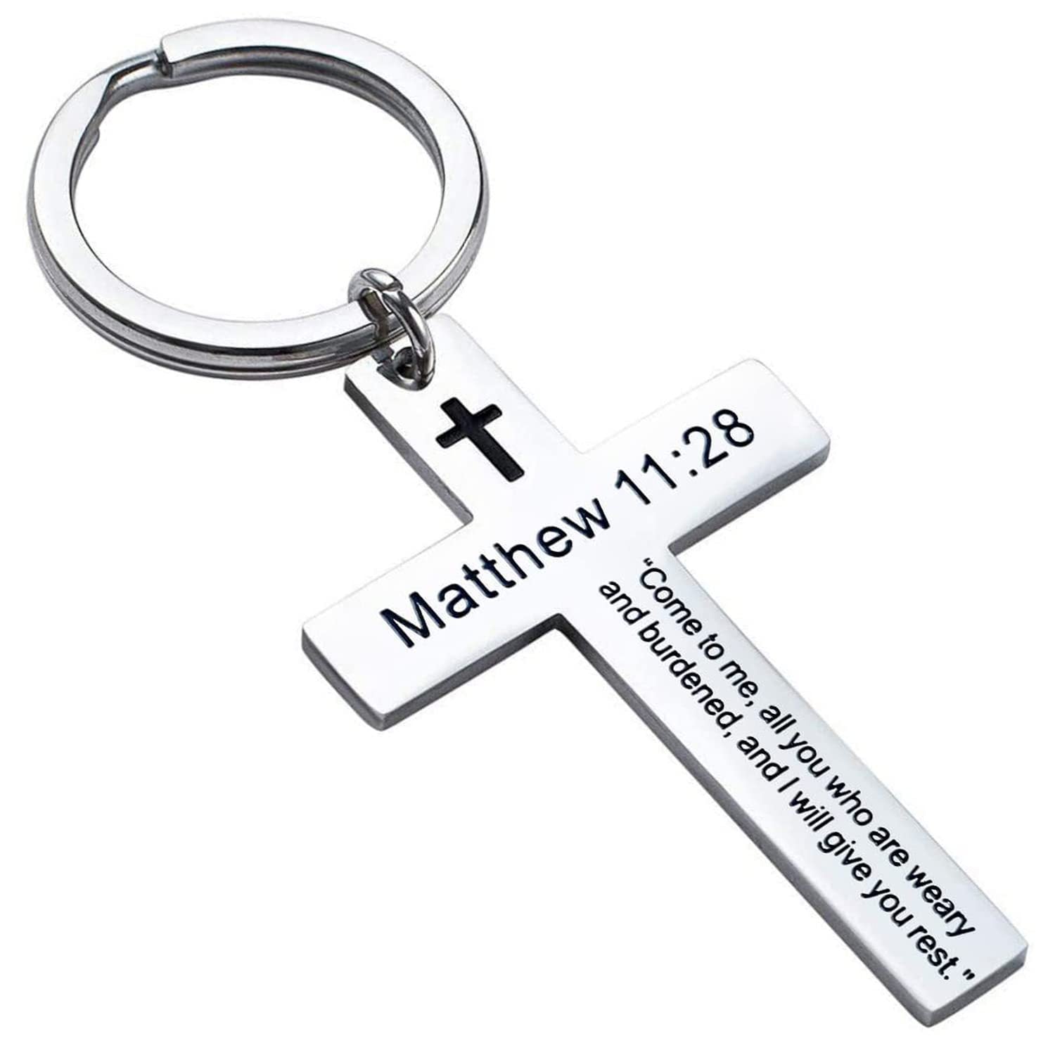 Laser Engraved Stainless Steel Cross Keychain with Biblical Quotes