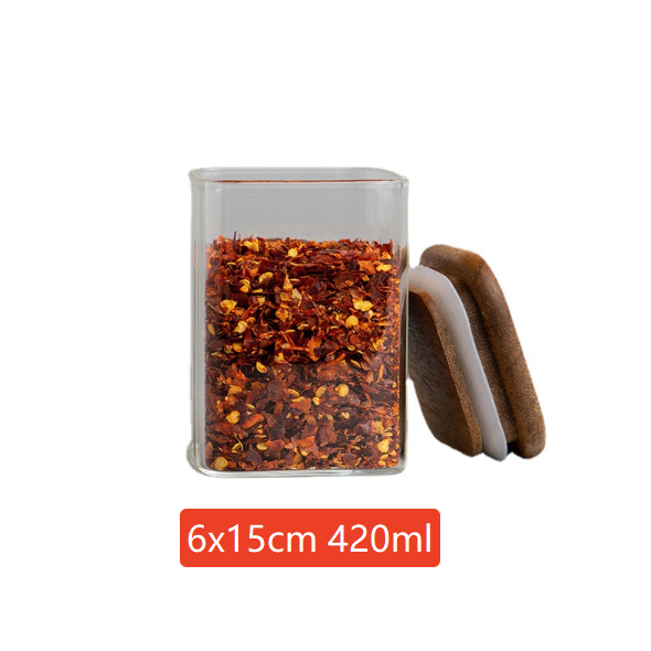 Square Glass Spice Jar with Wooden Lid