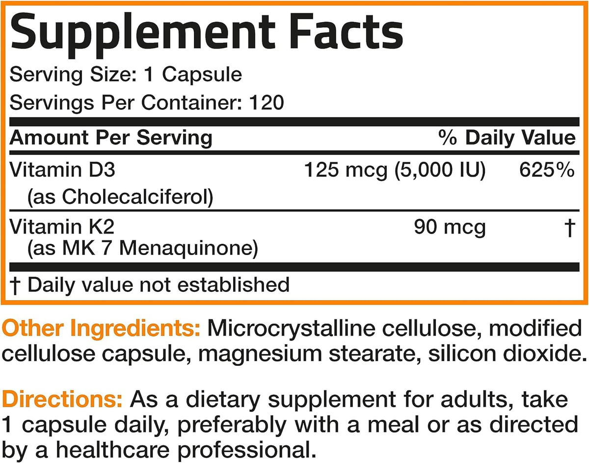 Bronson Vitamin K2 (MK7) with D3 Supplement Non-GMO Formula 5000 IU Vitamin D3 & 90 mcg Vitamin K2 MK-7 Easy to Swallow Vitamin D & K Complex, 120 Capsules