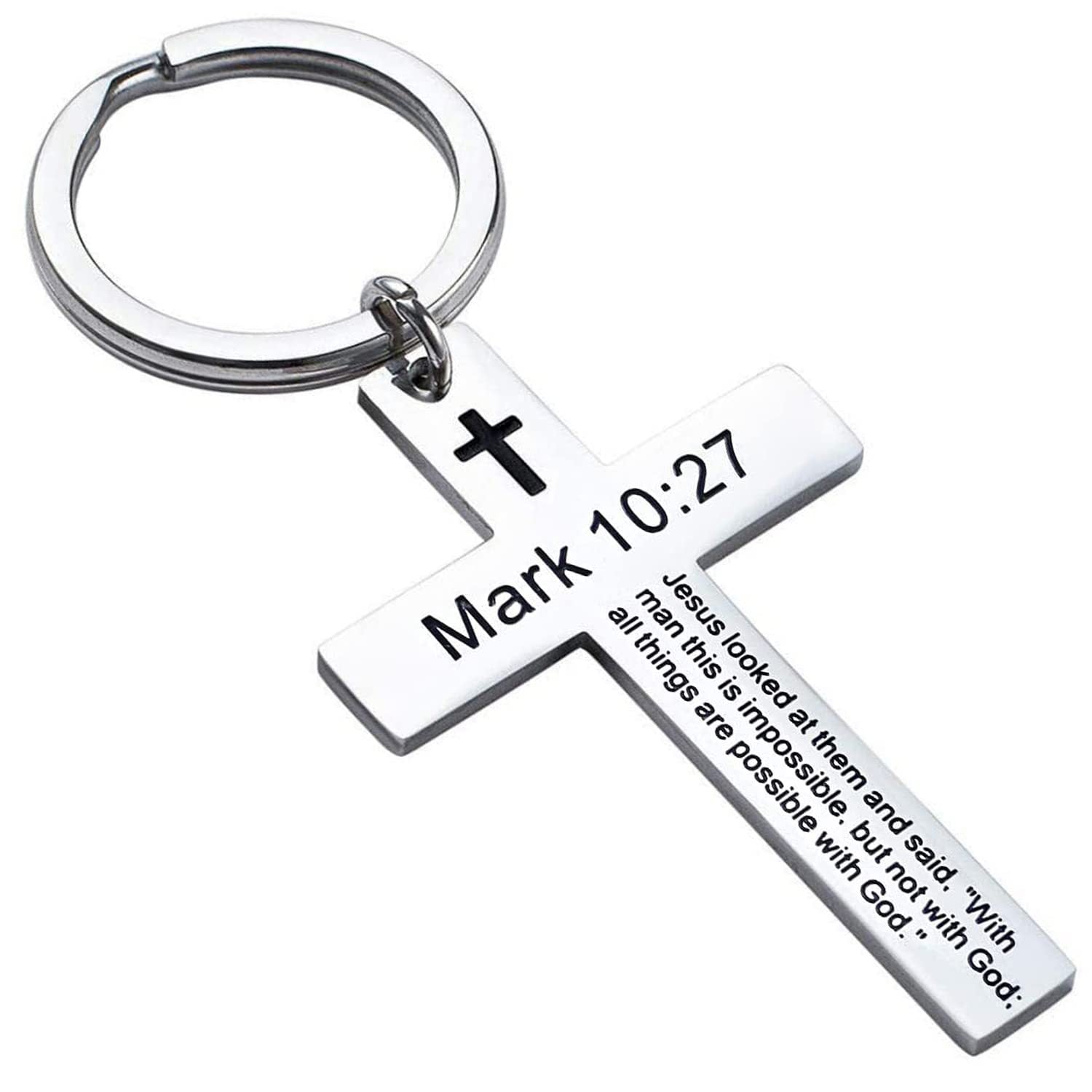 Laser Engraved Stainless Steel Cross Keychain with Biblical Quotes