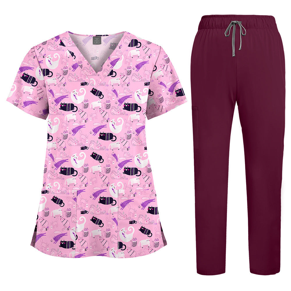 Printed V-Neck Short Sleeve Nurse Uniform Set