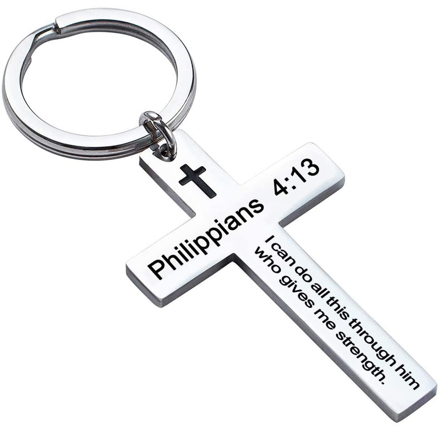 Laser Engraved Stainless Steel Cross Keychain with Biblical Quotes