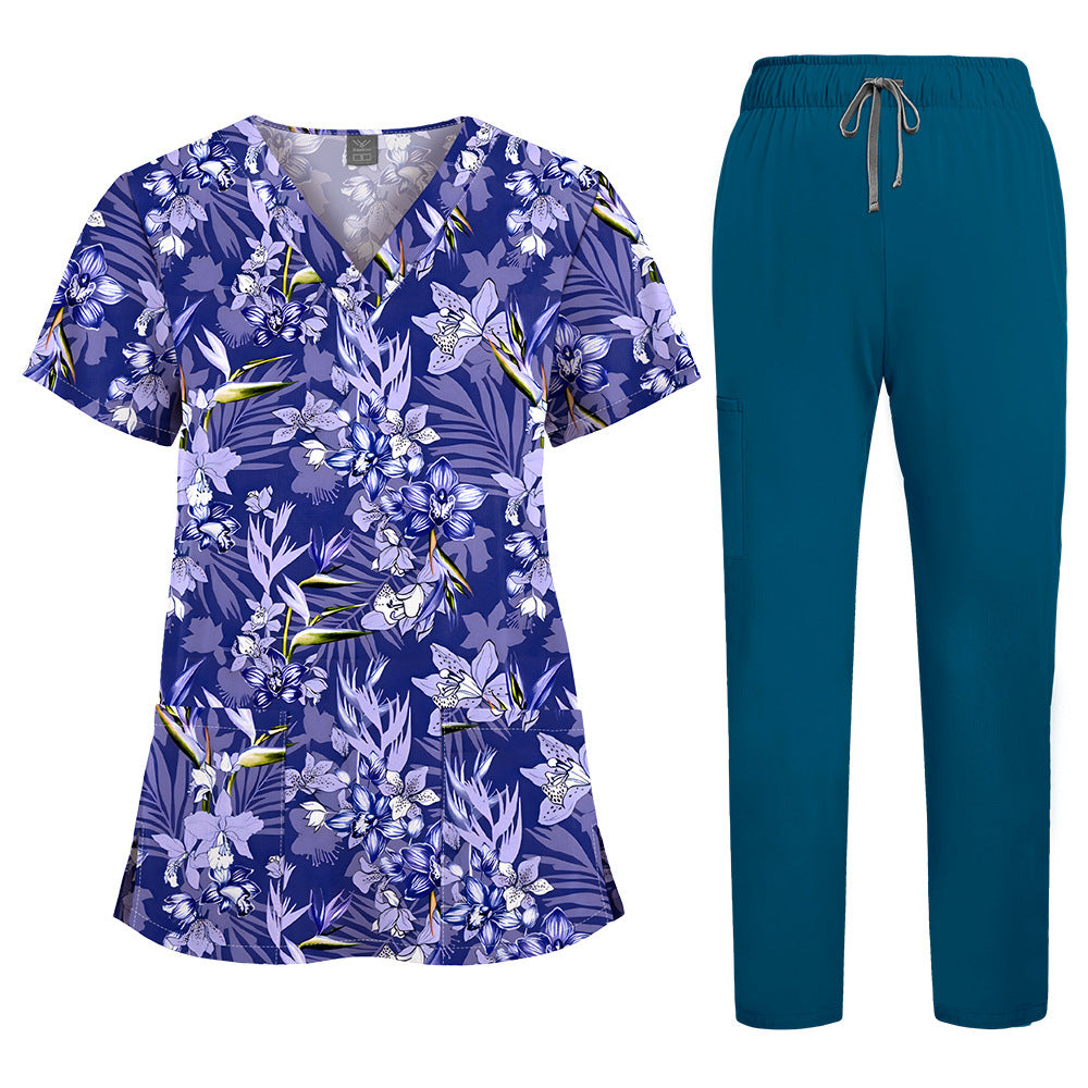Printed V-Neck Short Sleeve Nurse Uniform Set