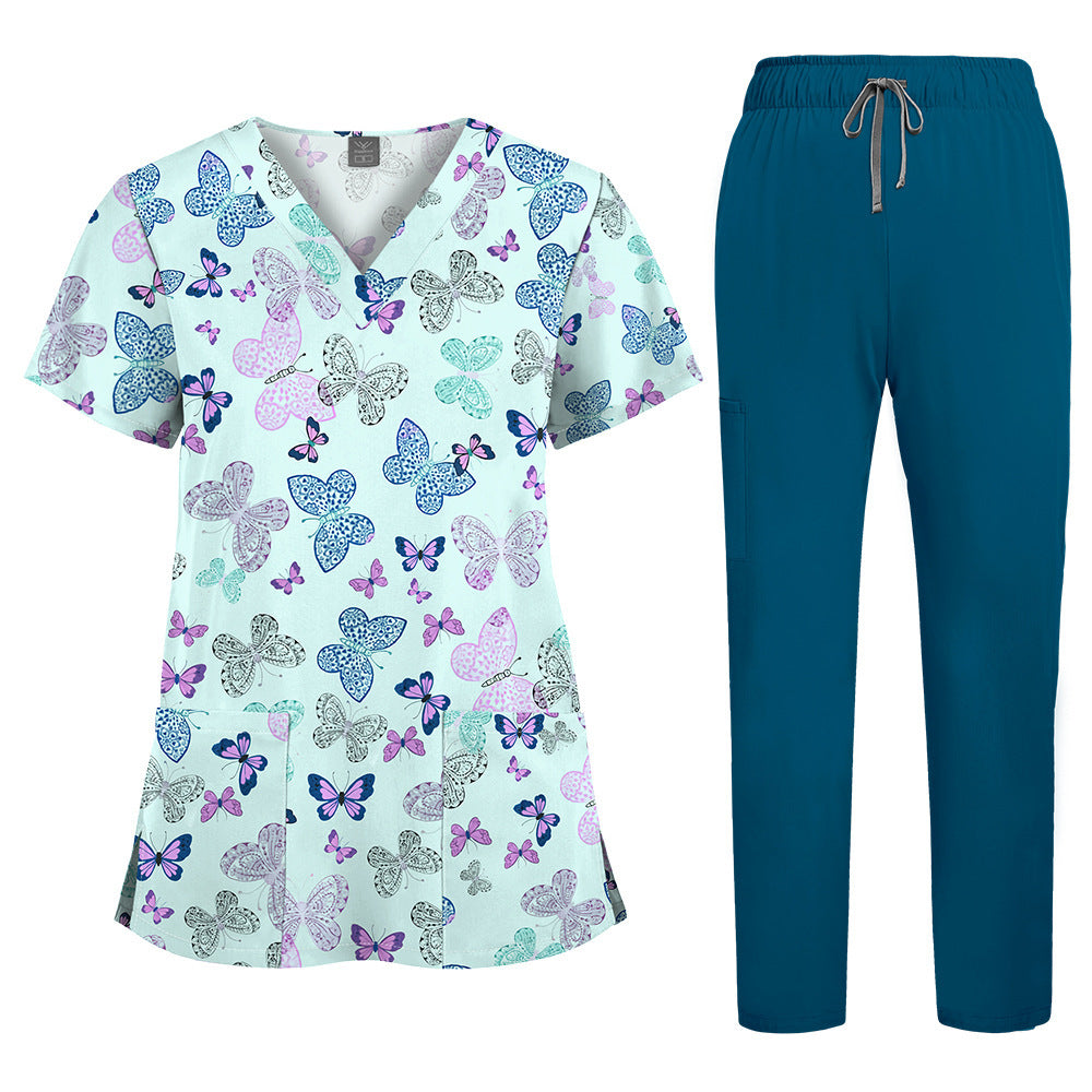 Printed V-Neck Short Sleeve Nurse Uniform Set