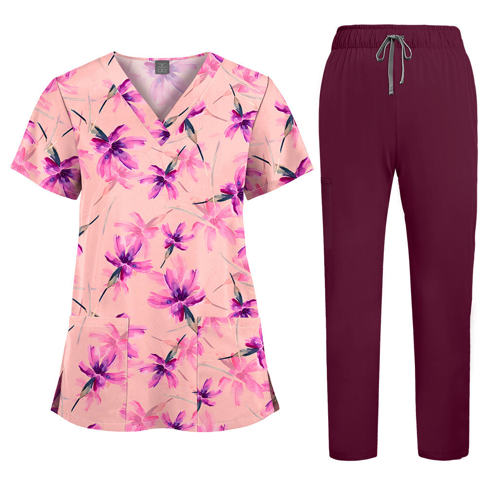 Printed V-Neck Short Sleeve Nurse Uniform Set
