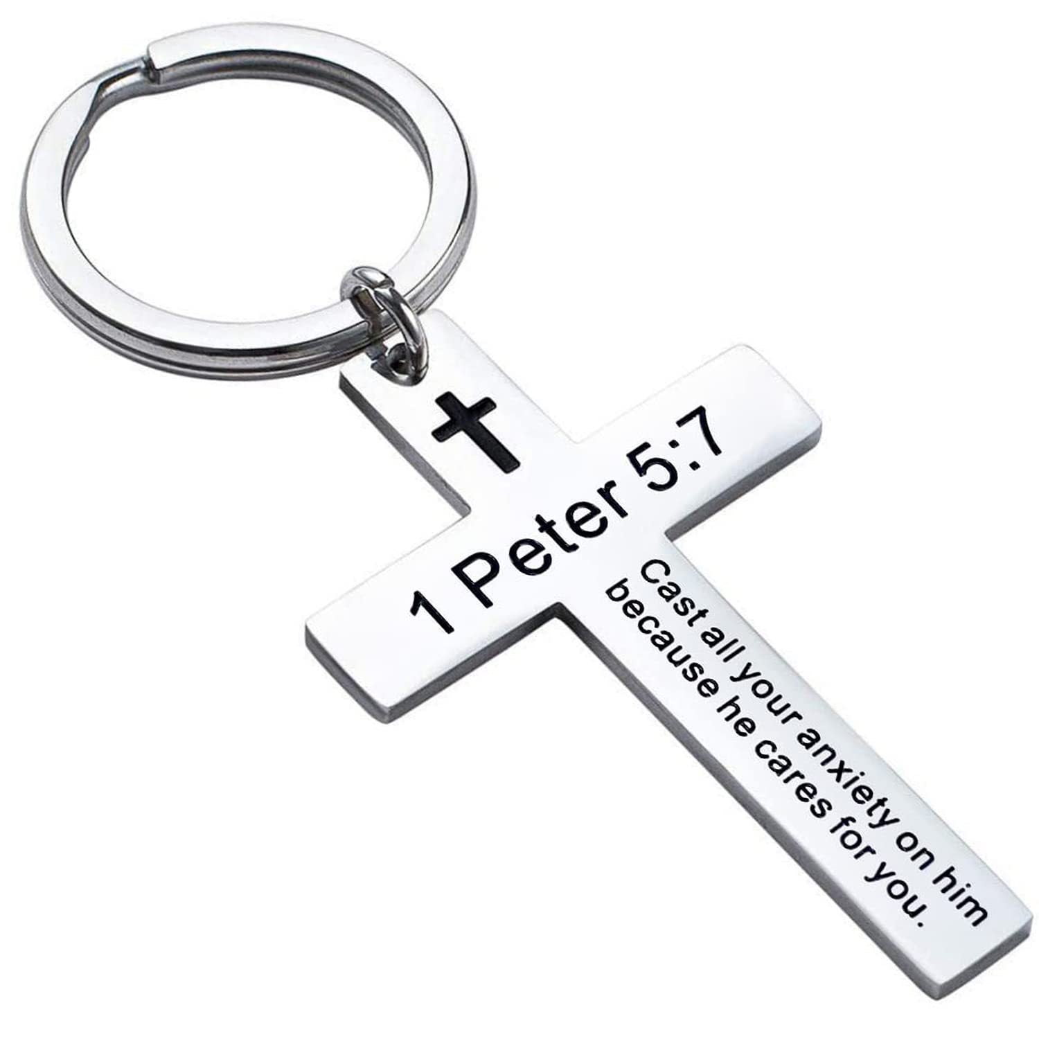 Laser Engraved Stainless Steel Cross Keychain with Biblical Quotes