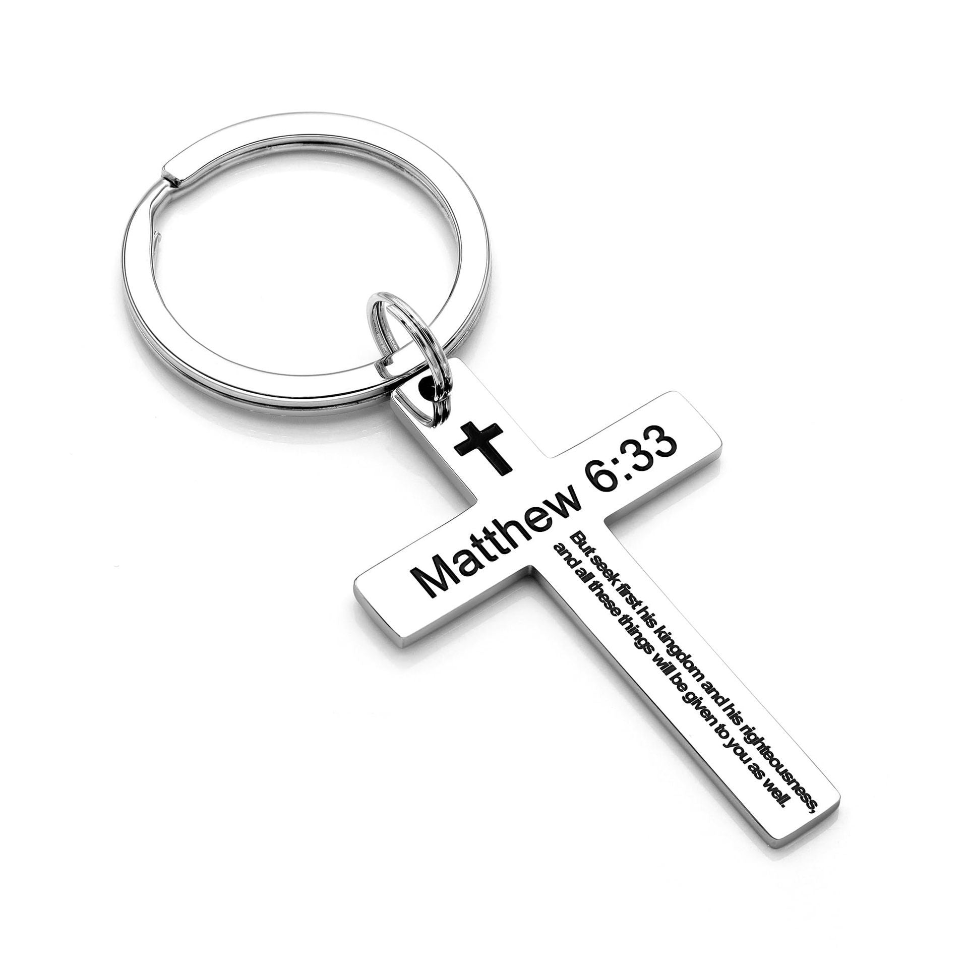 Laser Engraved Stainless Steel Cross Keychain with Biblical Quotes