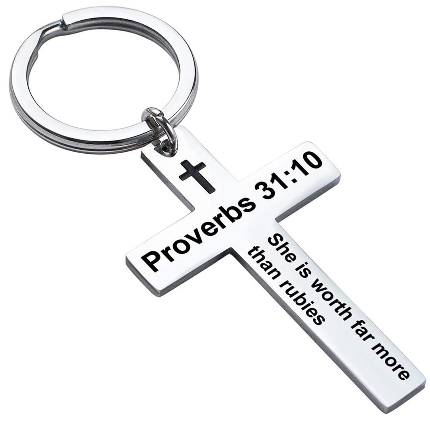 Laser Engraved Stainless Steel Cross Keychain with Biblical Quotes