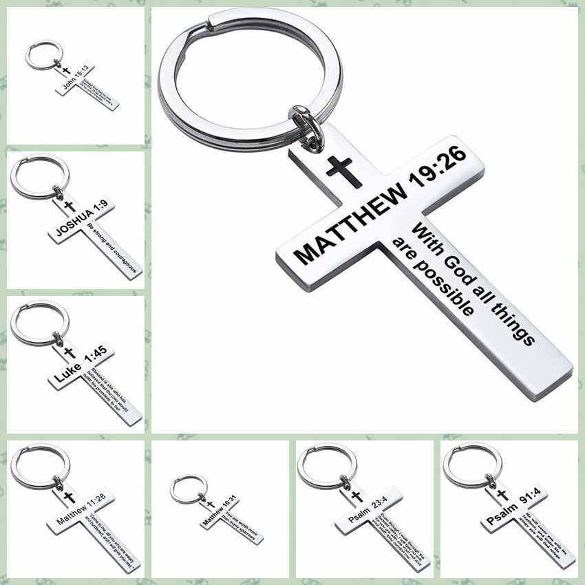 Laser Engraved Stainless Steel Cross Keychain with Biblical Quotes