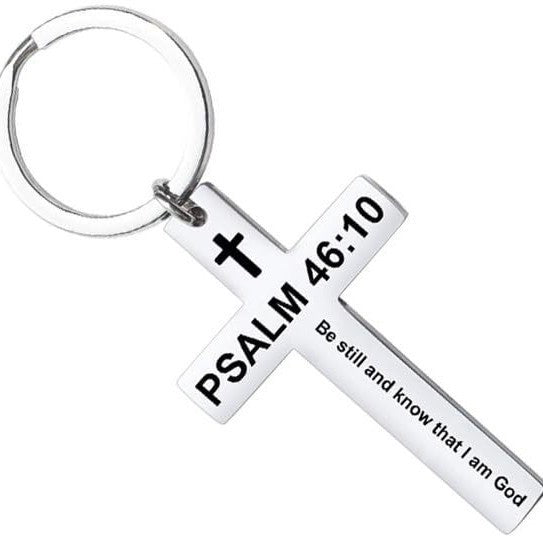 Laser Engraved Stainless Steel Cross Keychain with Biblical Quotes