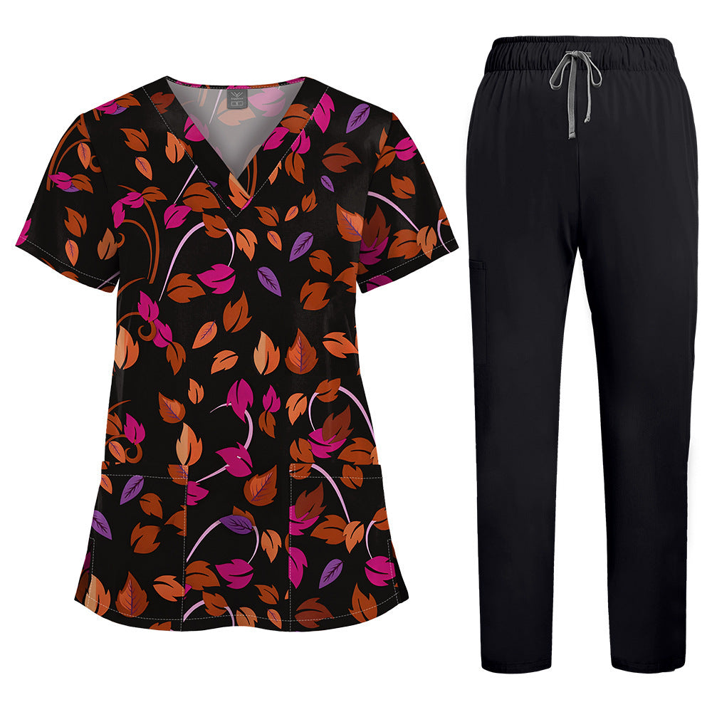Printed V-Neck Short Sleeve Nurse Uniform Set