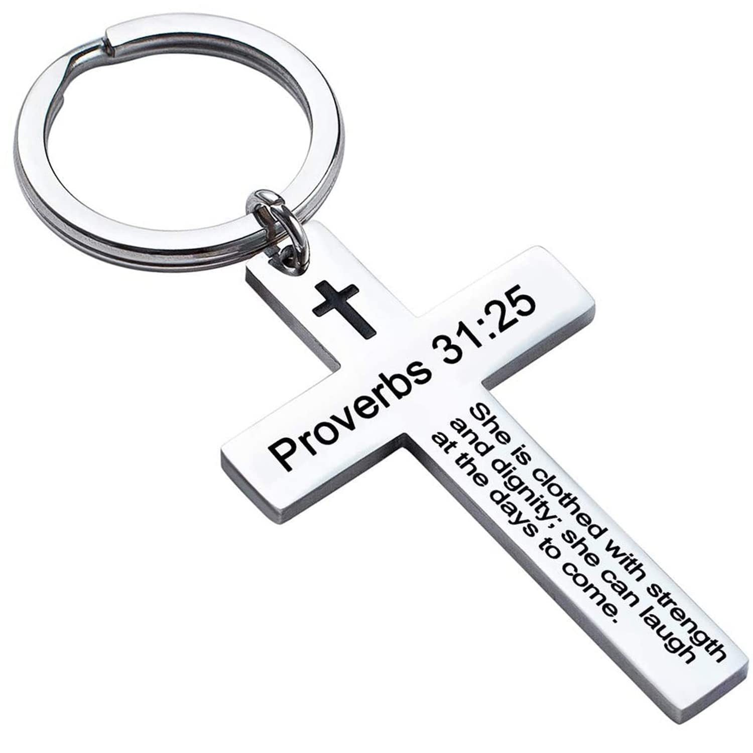 Laser Engraved Stainless Steel Cross Keychain with Biblical Quotes